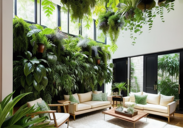 Hanging plant arrangement in a living room