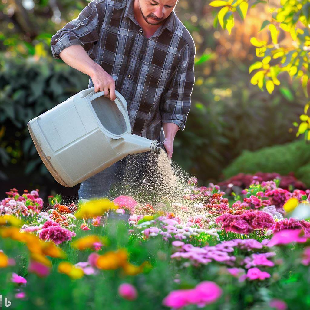 homem despejando fertilizante natural em uma jardim florido